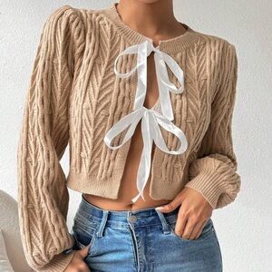 Women's Tan Cable Knit Sweater with Ribbon Tie